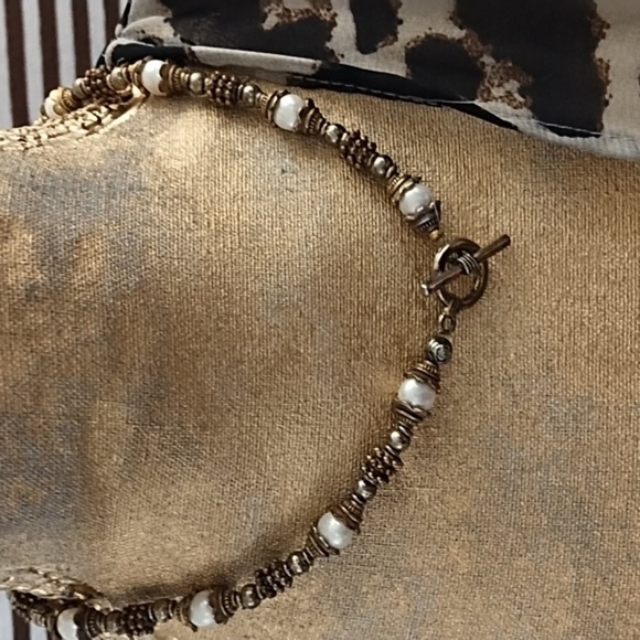 Vintage Antique Gold, Brass & Pearl Beaded Necklace With Toggle Clasp - Picture 2 of 9